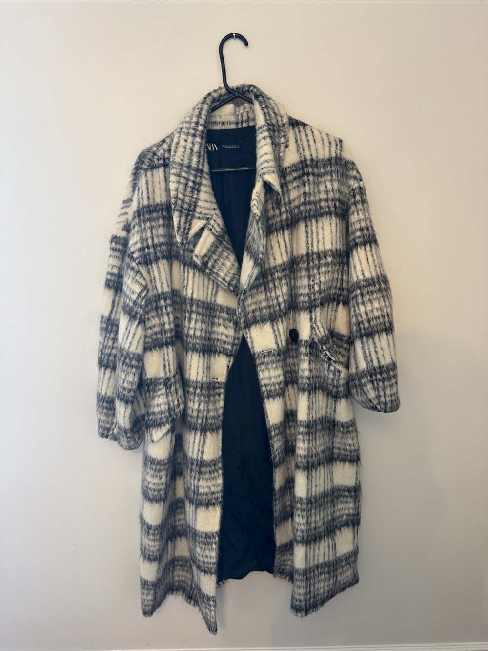 Zara Black & White Plaid Long Trench Coat